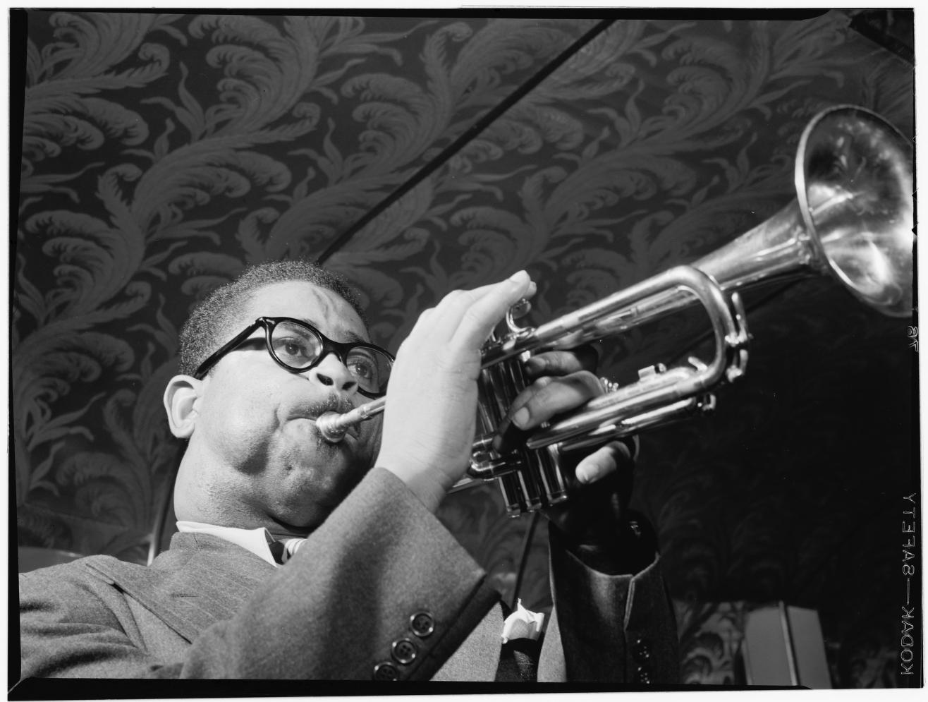Dizzy Gillespie with his trumpet, New York, 1947