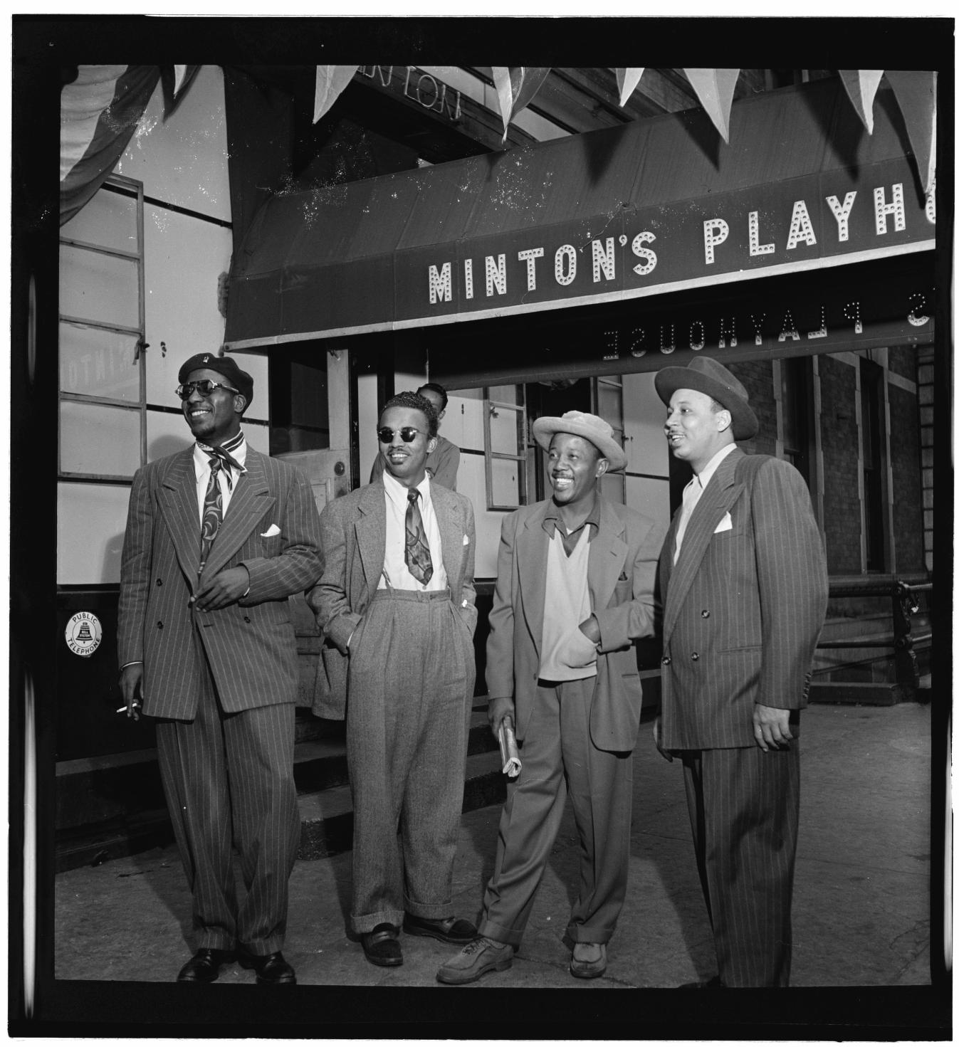 Thelonious Monk, Howard McGhee, Roy Eldridge, and Teddy Hill outside Minton's Playhouse, 1947